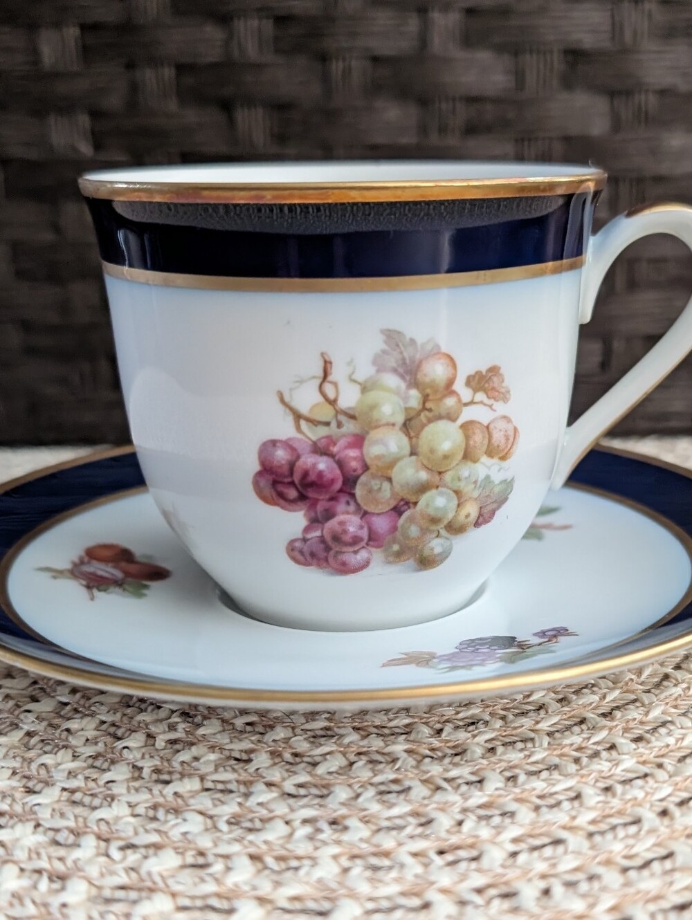 Vintage Schumann Arzberg Bountiful Cobalt & Gold Fruit Teacup & Saucer Set